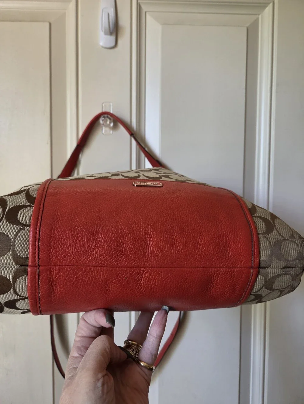 Coach Khaki Signature Canvas Hobo with Red Leather Trim 
